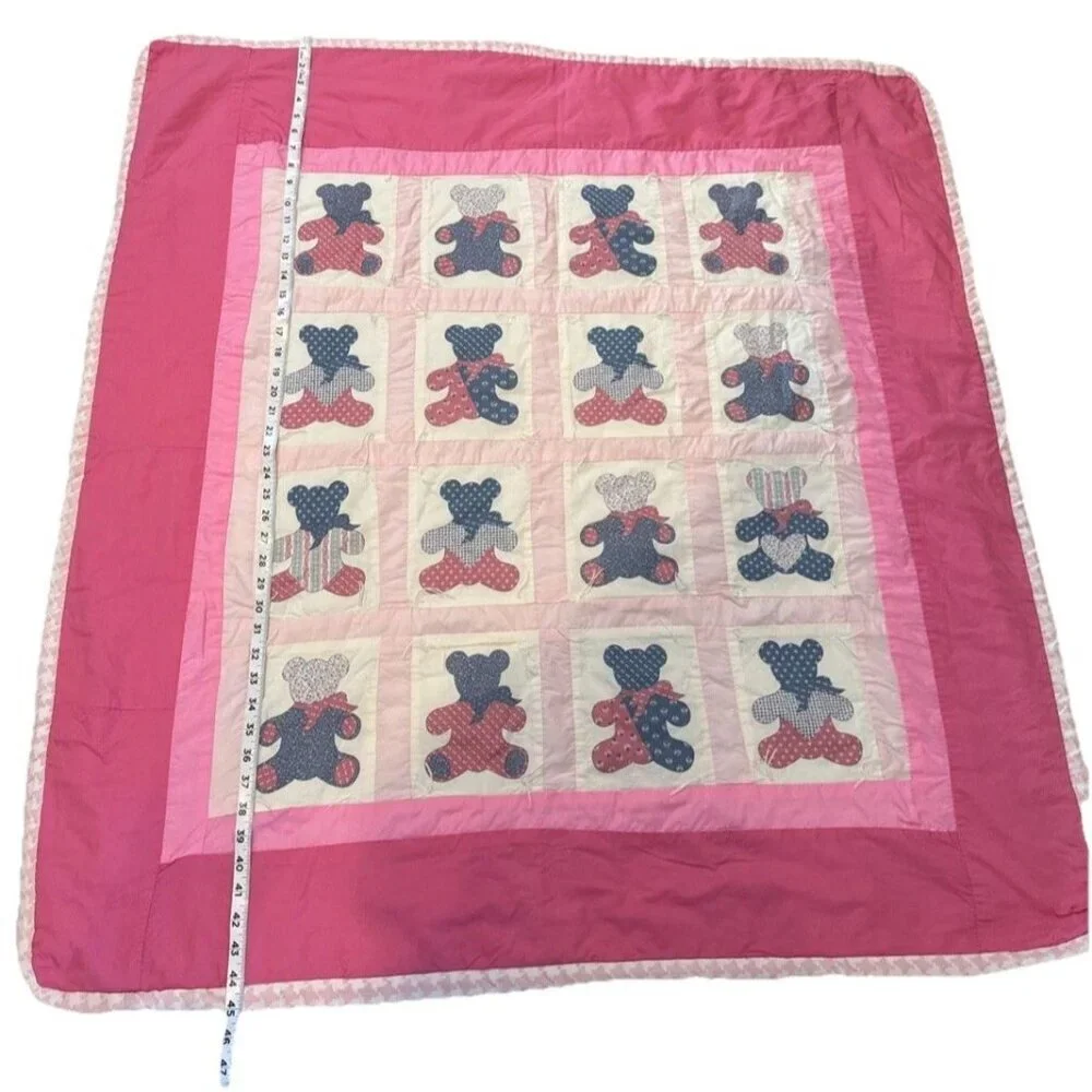VTG Pink Teddy Bear Patchwork Quilt Throw Coverlet Baby Quilt Handmade 42” X 45”